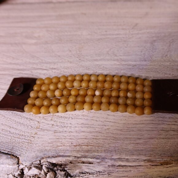 $195 Chan Luu 5 row yellow jade bracelet brown leather - Picture 5 of 16